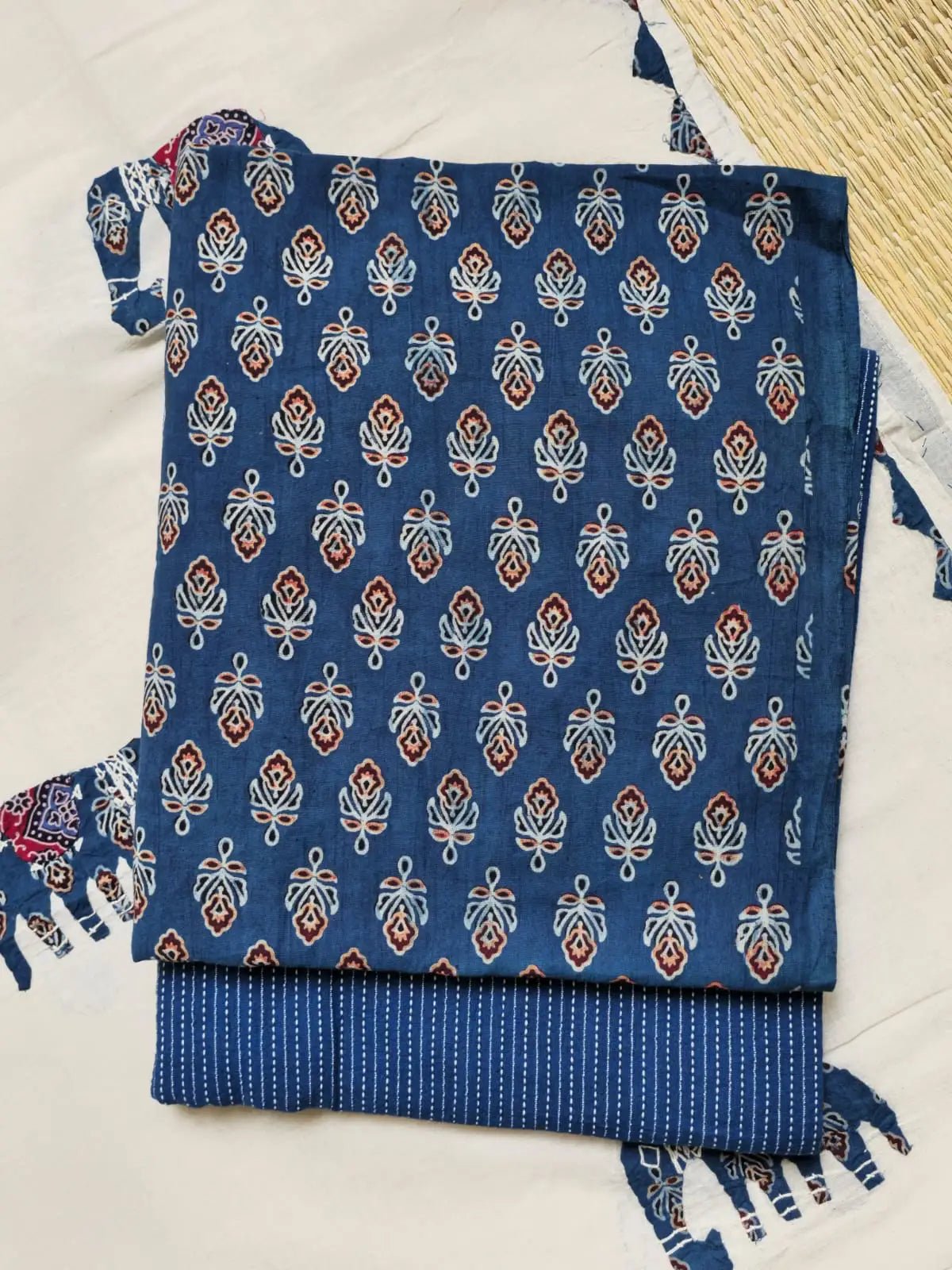 Indigo Ajrakh Hand Block Print Cotton Suit Material with Barmer Applique Mul Dupatta | 3-Piece Unstitched Set - Kleemkaara
