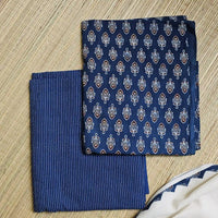 Indigo Ajrakh Hand Block Print Cotton Suit Material with Barmer Applique Mul Dupatta | 3-Piece Unstitched Set - Kleemkaara