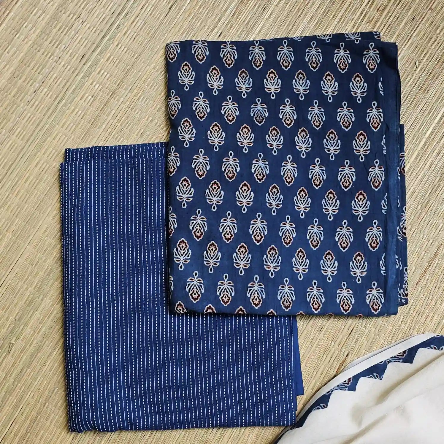 Indigo Ajrakh Hand Block Print Cotton Suit Material with Barmer Applique Mul Dupatta | 3-Piece Unstitched Set - Kleemkaara