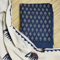 Indigo Ajrakh Hand Block Print Cotton Suit Material with Barmer Applique Mul Dupatta | 3-Piece Unstitched Set - Kleemkaara