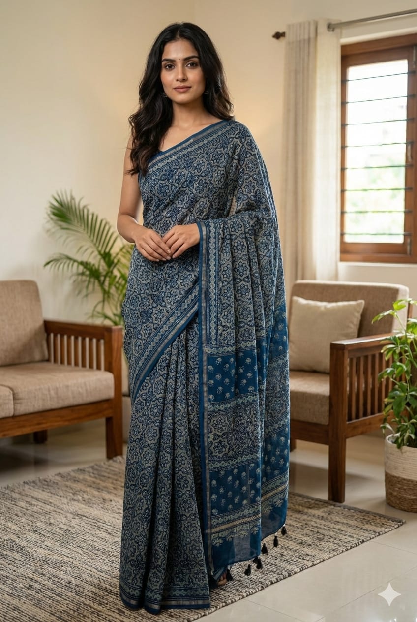 Indigo Ajrakh Handblock Printed Chanderi Silk Saree - Kleemkaara
