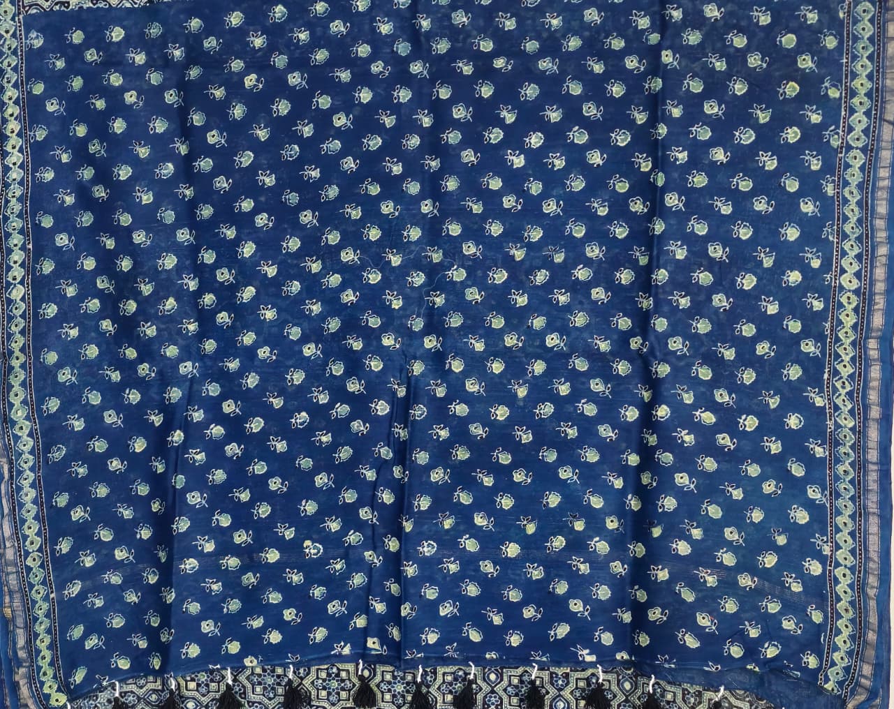 Indigo Ajrakh Handblock Printed Chanderi Silk Saree - Kleemkaara