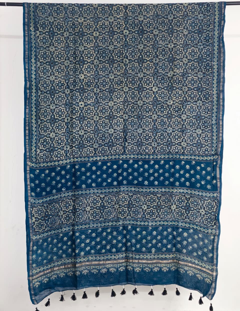 Indigo Ajrakh Handblock Printed Chanderi Silk Saree - Kleemkaara