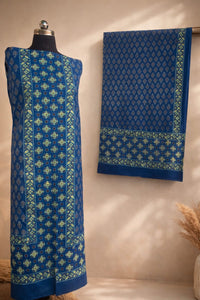 Indigo Ajrakh Handblock Printed Pure Cotton 2-Piece Dress Material - Kleemkaara