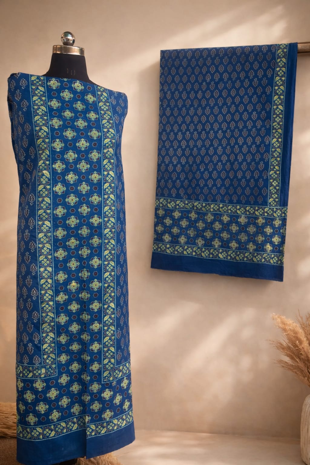 Indigo Ajrakh Handblock Printed Pure Cotton 2-Piece Dress Material - Kleemkaara