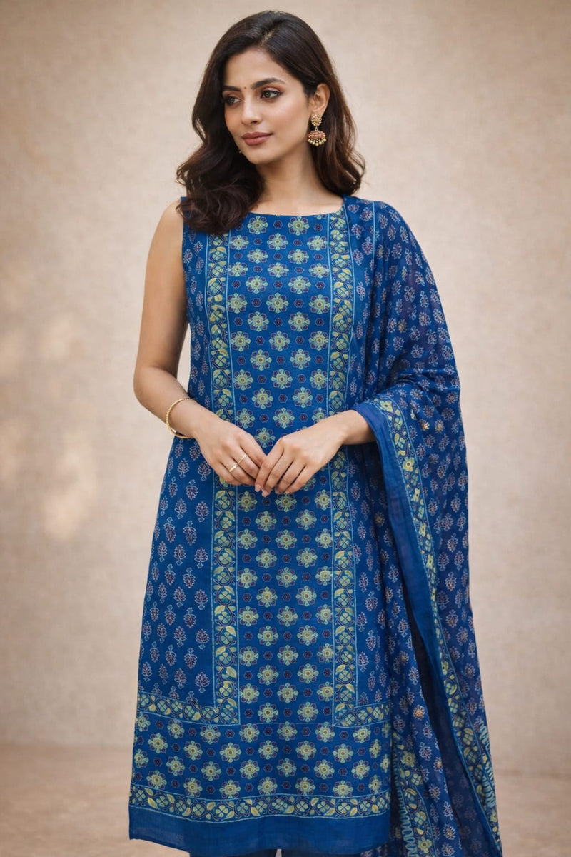 Indigo Ajrakh Handblock Printed Pure Cotton 2-Piece Dress Material - Kleemkaara