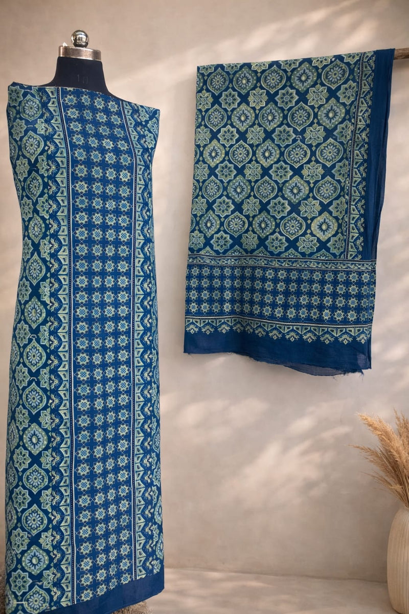 Indigo Ajrakh Handblock Printed Pure Cotton 2-Piece Dress Material - Kleemkaara