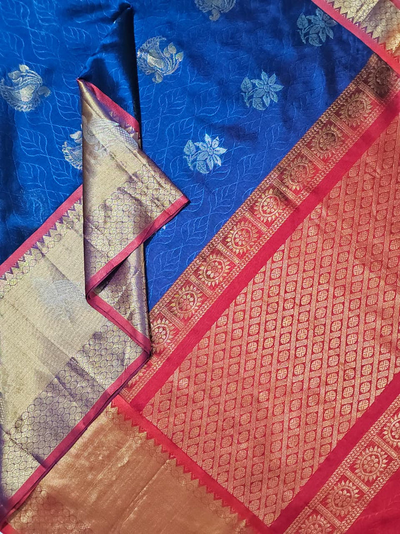 Indrani – Royal Blue Handloom Mangalagiri Silk Cotton Saree with Kuppadam Weave - Kleemkaara