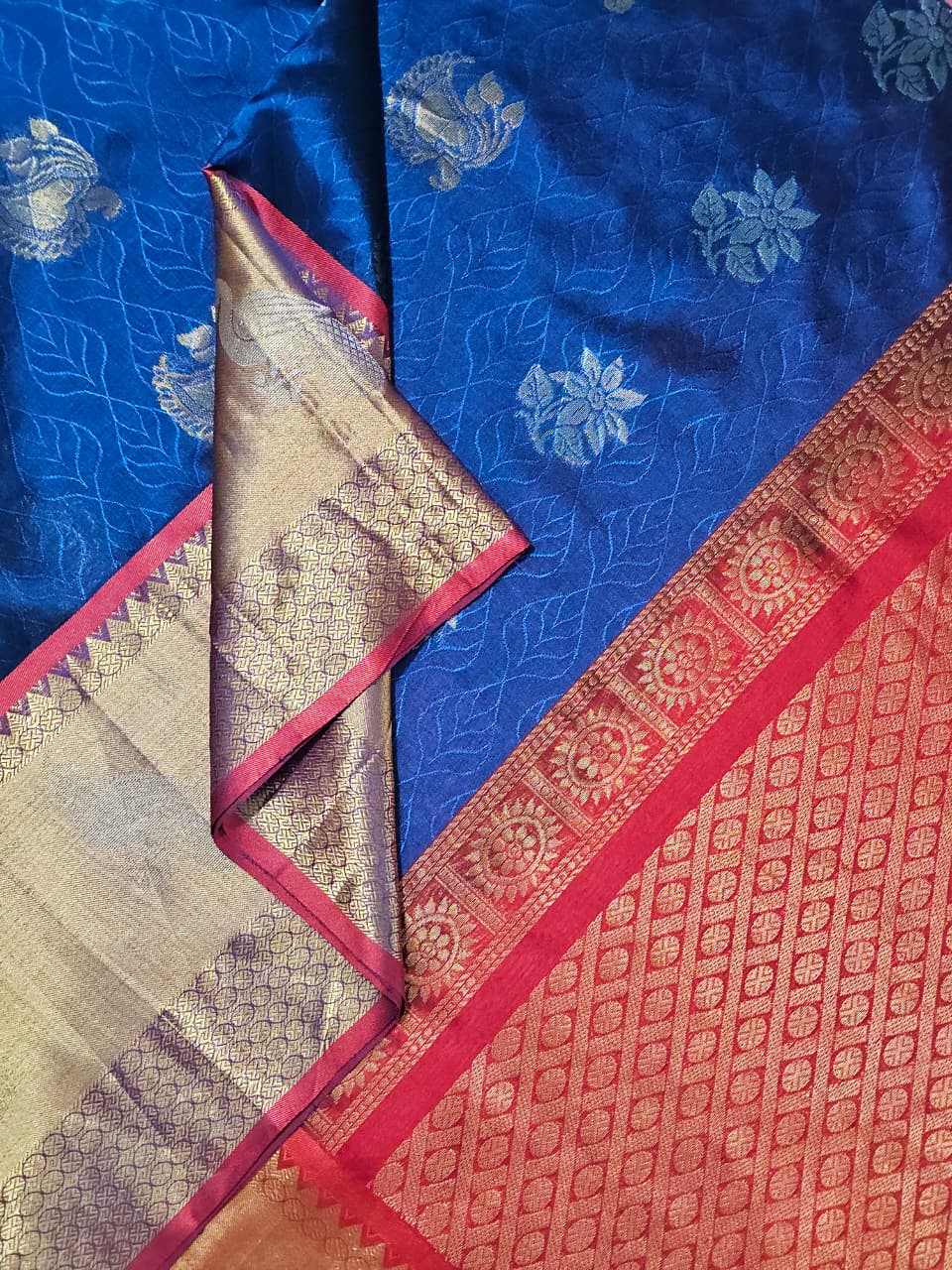 Indrani – Royal Blue Handloom Mangalagiri Silk Cotton Saree with Kuppadam Weave - Kleemkaara