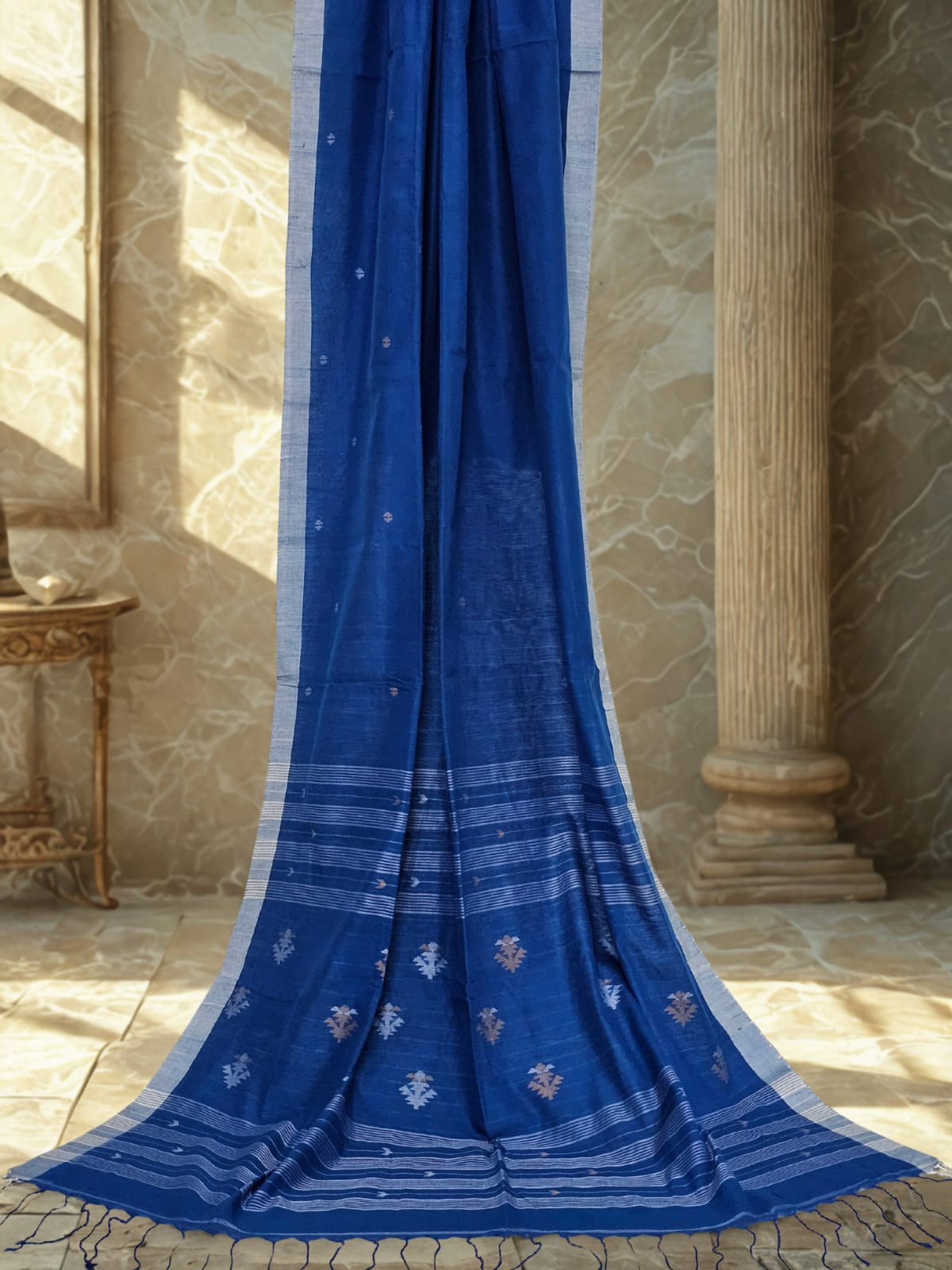 Jahnavi – Royal Blue Khadi Saree with White Matka Silk Pallu - Kleemkaara