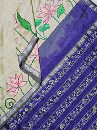Jalajaa – Off White Hand-Painted Handloom Mangalagiri Silk Cotton Saree - Kleemkaara
