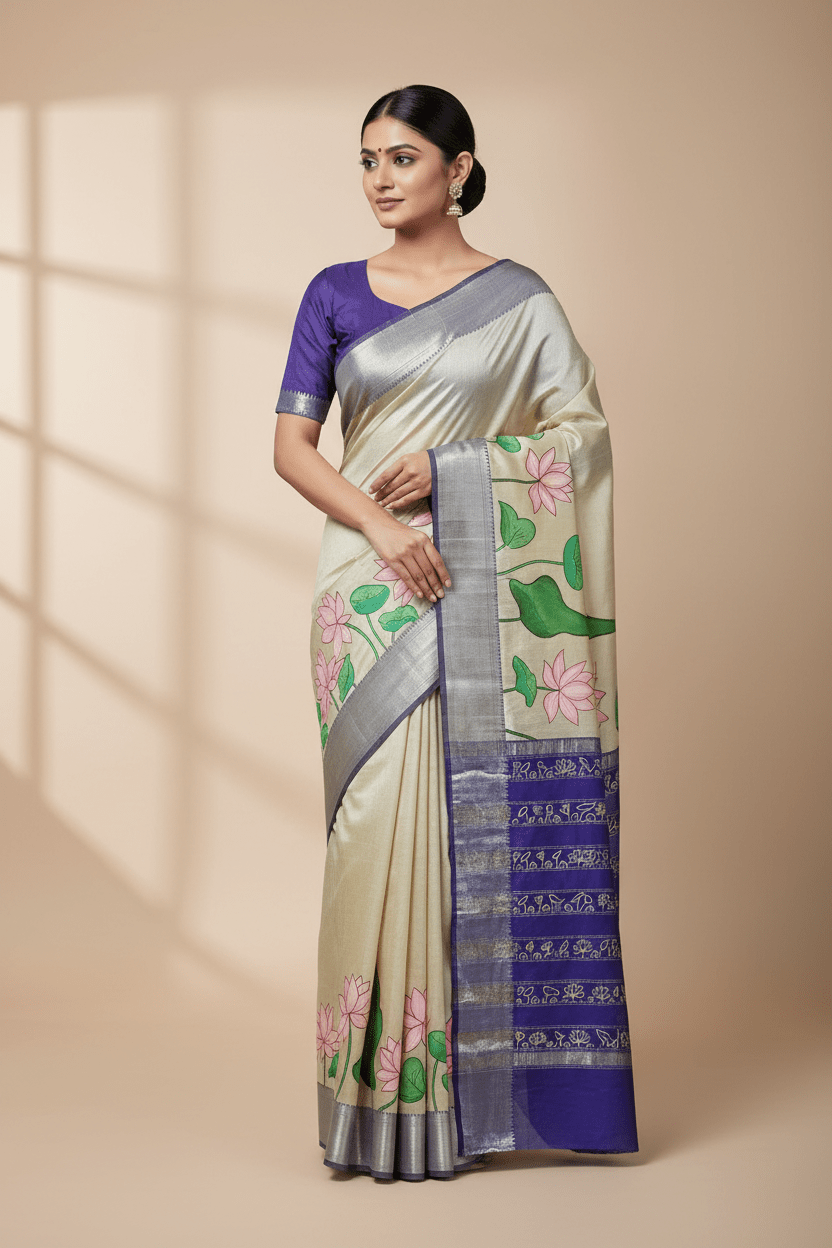 Jalajaa – Off White Hand-Painted Handloom Mangalagiri Silk Cotton Saree - Kleemkaara