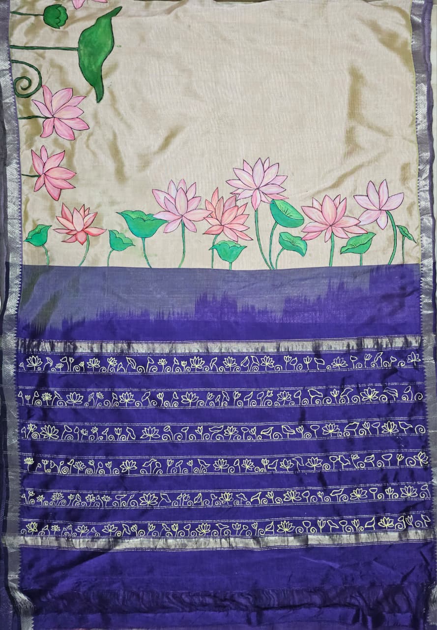 Jalajaa – Off White Hand-Painted Handloom Mangalagiri Silk Cotton Saree - Kleemkaara