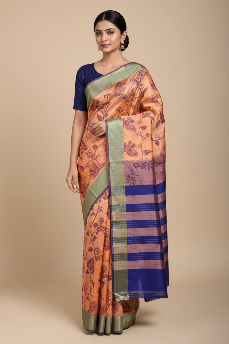 Kanakambaram – Orange Handloom Mangalagiri Silk Cotton Saree with Navy Blue Pichwai Print - Kleemkaara