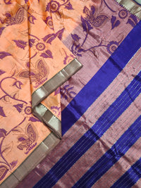 Kanakambaram – Orange Handloom Mangalagiri Silk Cotton Saree with Navy Blue Pichwai Print - Kleemkaara