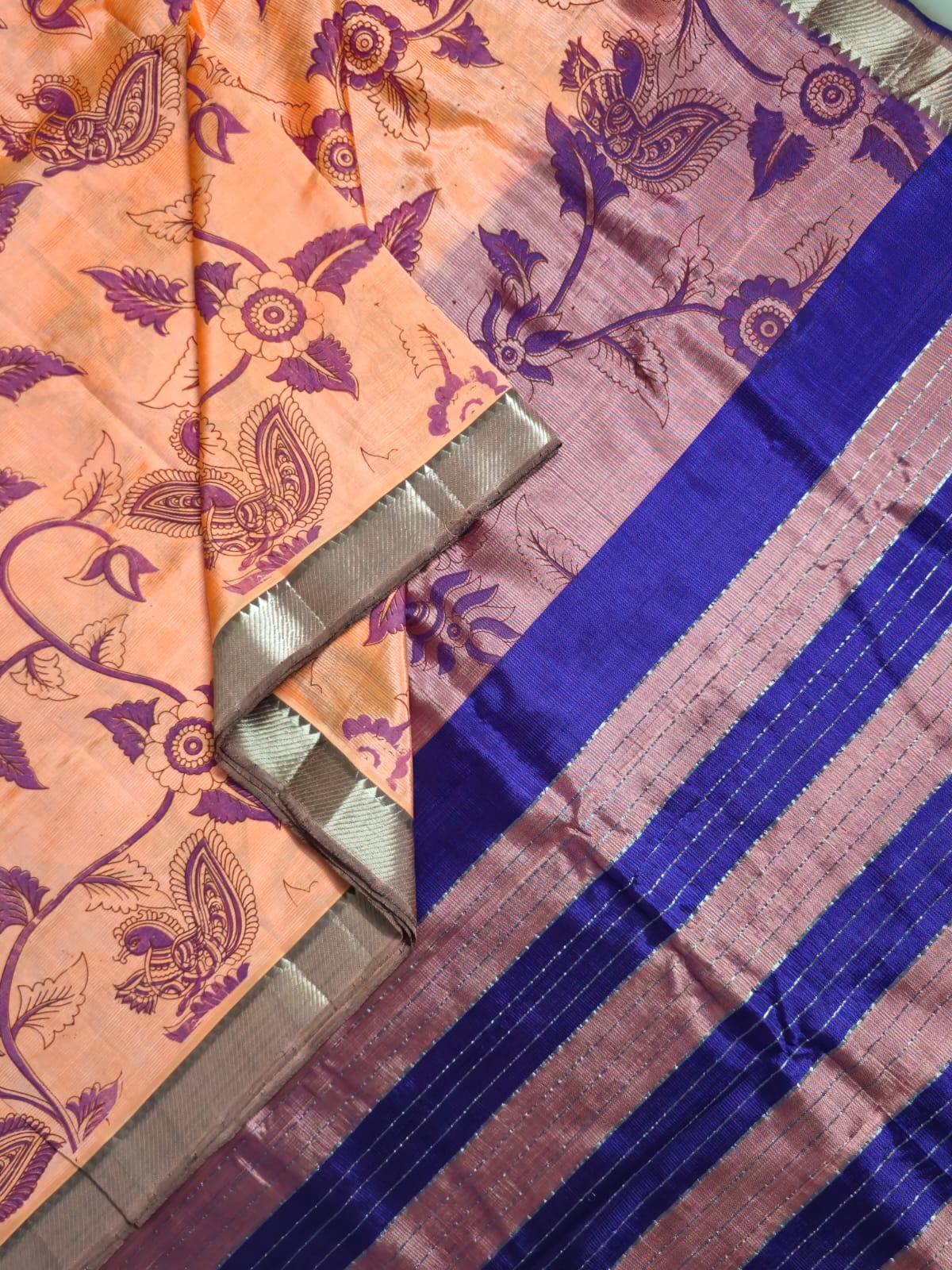 Kanakambaram – Orange Handloom Mangalagiri Silk Cotton Saree with Navy Blue Pichwai Print - Kleemkaara