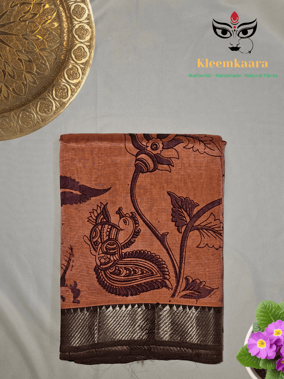 Kanakambaram – Orange Handloom Mangalagiri Silk Cotton Saree with Navy Blue Pichwai Print - Kleemkaara