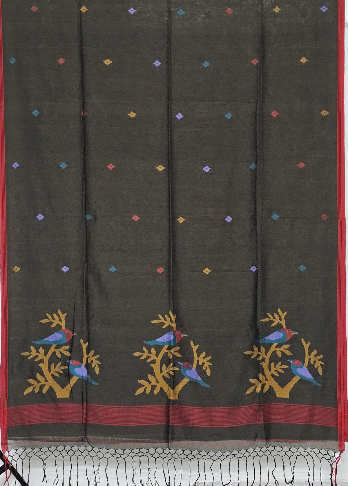 Kanvini – Dark Green Jamdhani Handloom Khadi Saree with Multicolour Bird Motifs - Kleemkaara