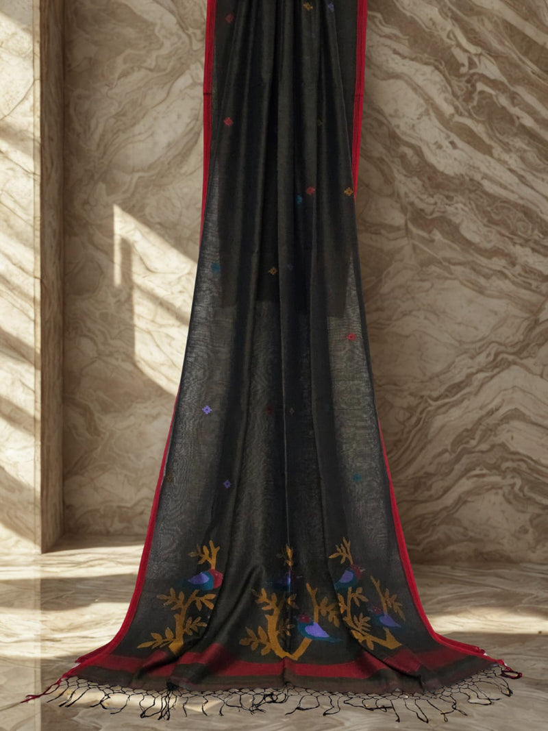 Kanvini – Dark Green Jamdhani Handloom Khadi Saree with Multicolour Bird Motifs - Kleemkaara