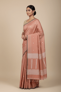 Krishnakeli – Peach Pink Jamdani Handloom Khadi Saree with White Motifs - Kleemkaara