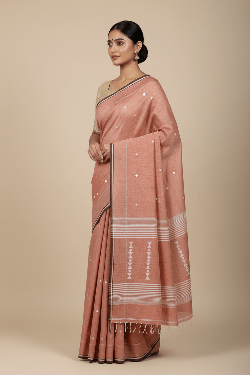 Krishnakeli – Peach Pink Jamdani Handloom Khadi Saree with White Motifs - Kleemkaara