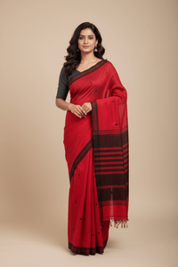 Kumudini – Red Handloom Khadi Saree with Black Border - Kleemkaara