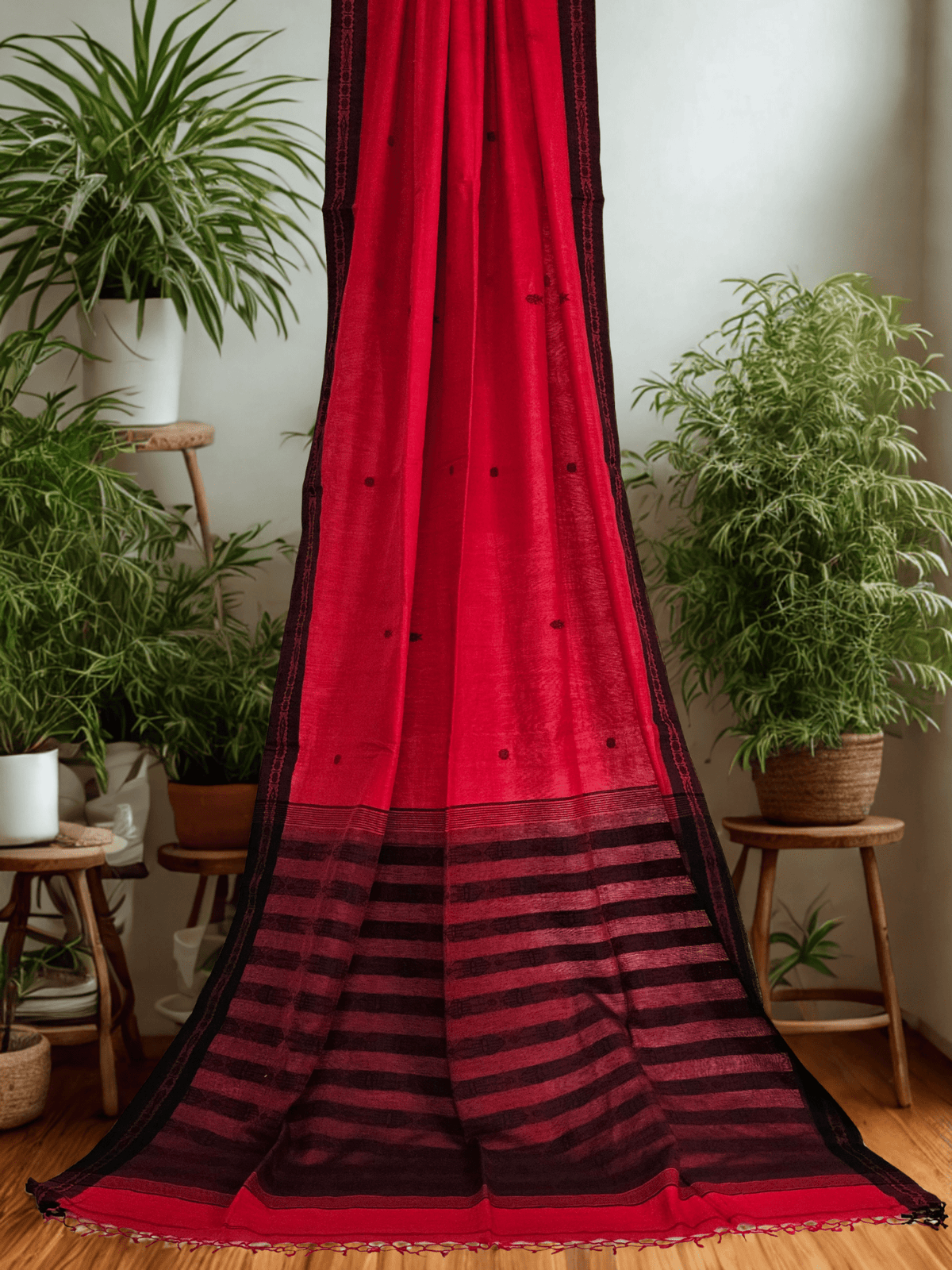 Kumudini – Red Handloom Khadi Saree with Black Border - Kleemkaara