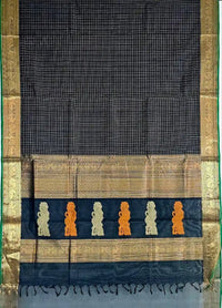 Lakshadeepam Handloom Kanchi Silk Cotton Saree | Classic Black with Gold Checks & Yazhi Border | Heritage Handloom - Kleemkaara