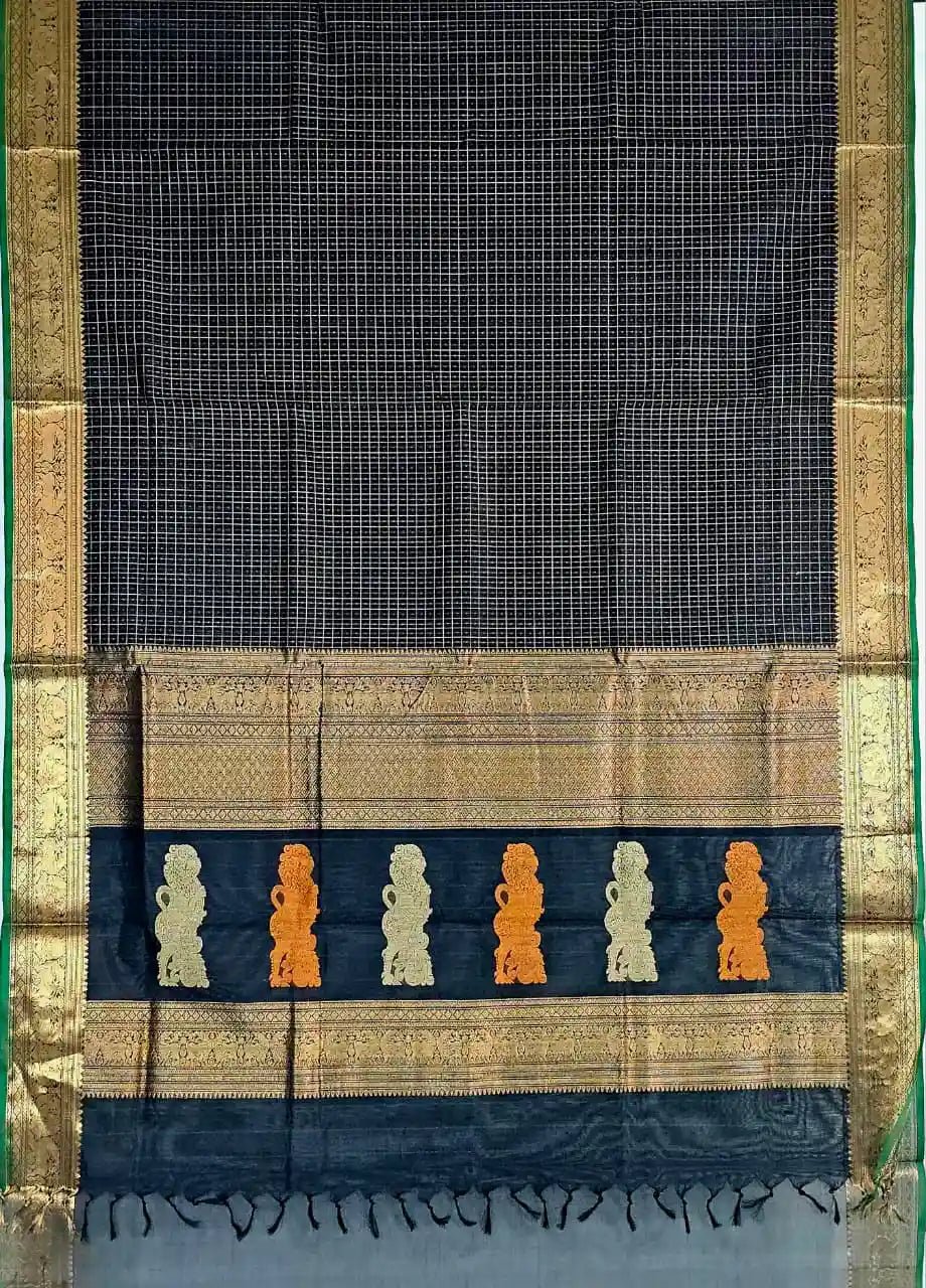 Lakshadeepam Handloom Kanchi Silk Cotton Saree | Classic Black with Gold Checks & Yazhi Border | Heritage Handloom - Kleemkaara