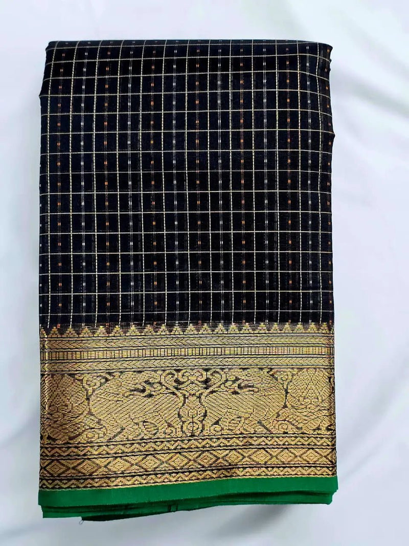Lakshadeepam Handloom Kanchi Silk Cotton Saree | Classic Black with Gold Checks & Yazhi Border | Heritage Handloom - Kleemkaara