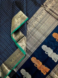 Lakshadeepam Handloom Kanchi Silk Cotton Saree | Classic Black with Gold Checks & Yazhi Border | Heritage Handloom - Kleemkaara