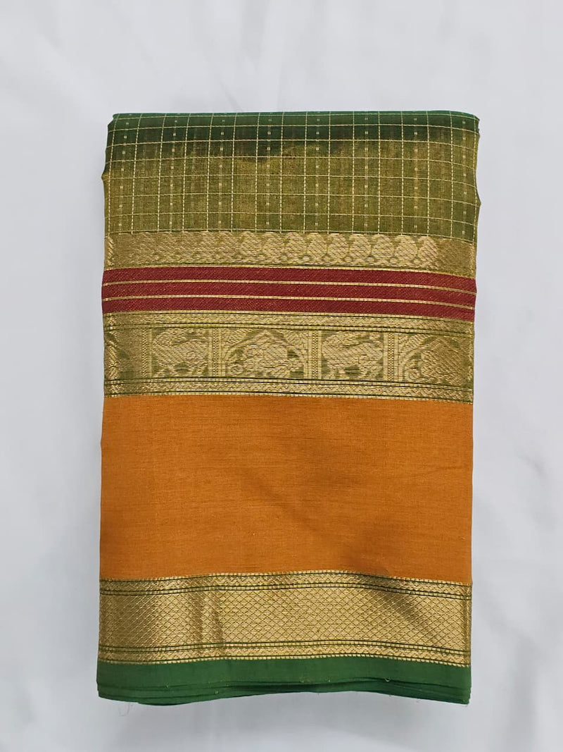 Lakshadeepam Handloom Kanchi Silk Cotton Saree | Forest Green with Mustard-Rust Pallu & Temple Zari Border | Heritage Handloom - Kleemkaara