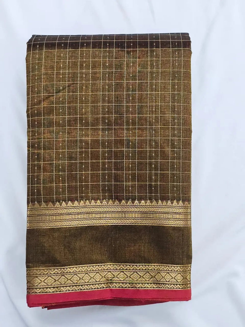Lakshadeepam Handloom Kanchi Silk Cotton Saree | Golden Brown with Yaali Motifs Pallu | Heritage Handloom - Kleemkaara