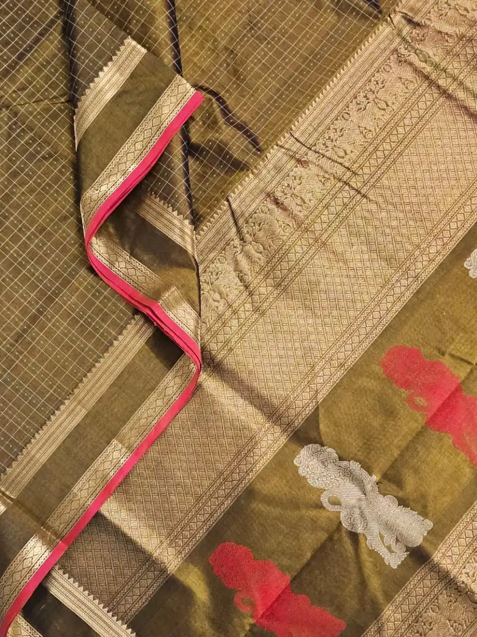 Lakshadeepam Handloom Kanchi Silk Cotton Saree | Golden Brown with Yaali Motifs Pallu | Heritage Handloom - Kleemkaara