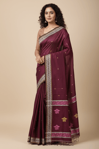 Lalima – Deep Plum Handloom Khadi Saree with White Border and Dual-Tone Motifs - Kleemkaara