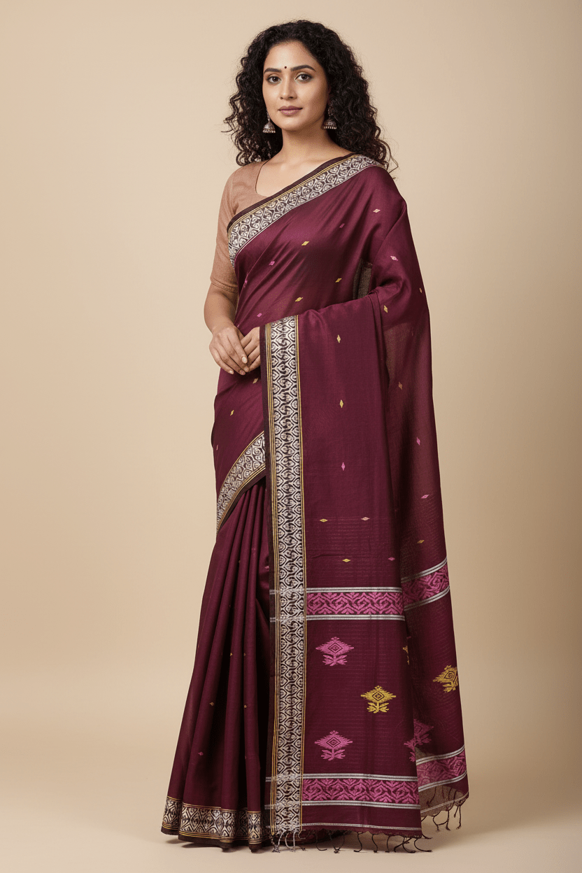 Lalima – Deep Plum Handloom Khadi Saree with White Border and Dual-Tone Motifs - Kleemkaara