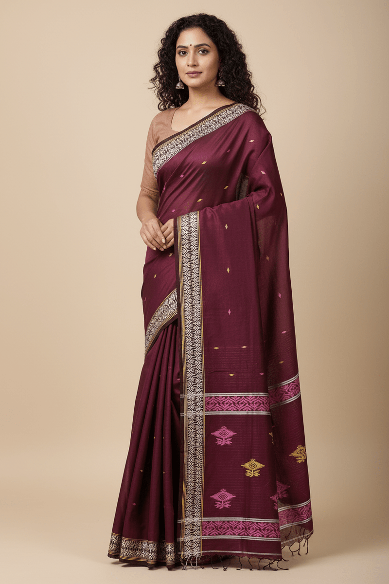 Lalima – Deep Plum Handloom Khadi Saree with White Border and Dual-Tone Motifs - Kleemkaara
