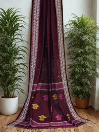 Lalima – Deep Plum Handloom Khadi Saree with White Border and Dual-Tone Motifs - Kleemkaara