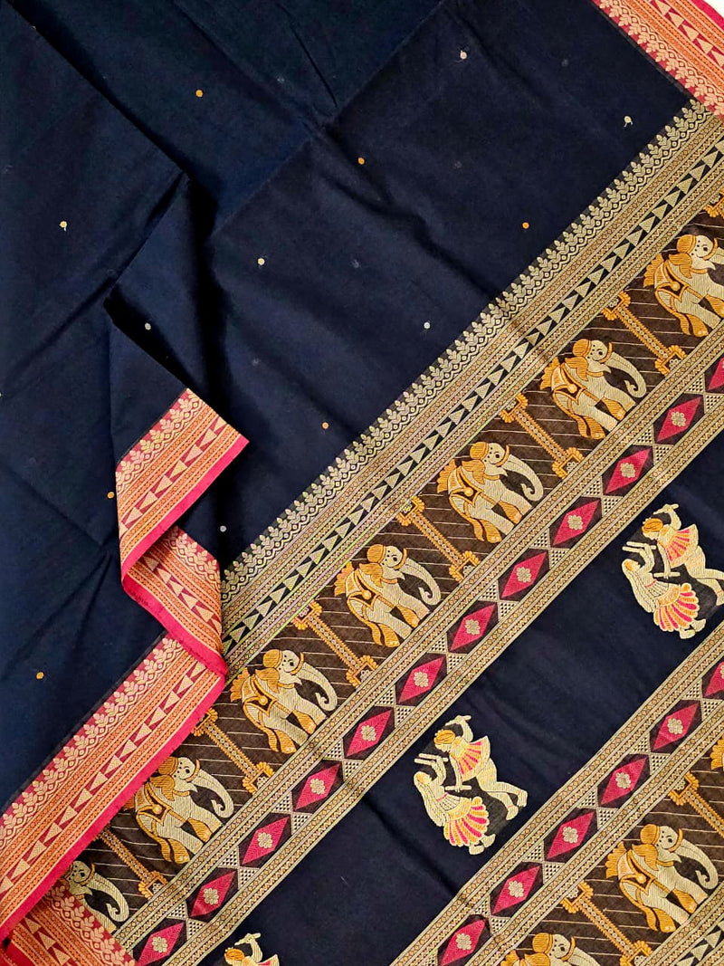 Lasya – Black Handloom Kanchi Cotton Saree with Bomkai Pallu - Kleemkaara