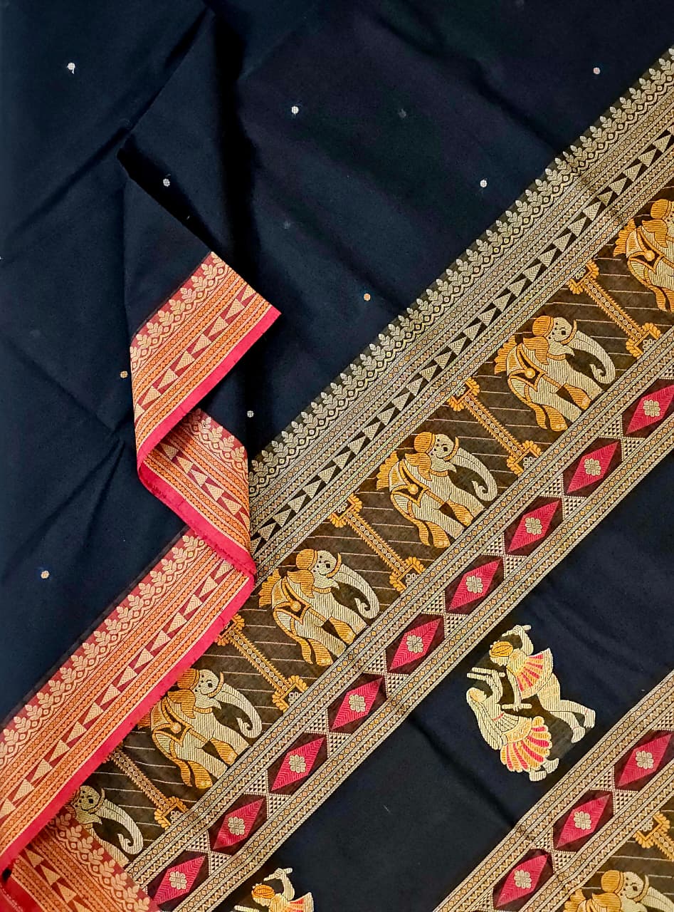 Lasya – Black Handloom Kanchi Cotton Saree with Bomkai Pallu - Kleemkaara
