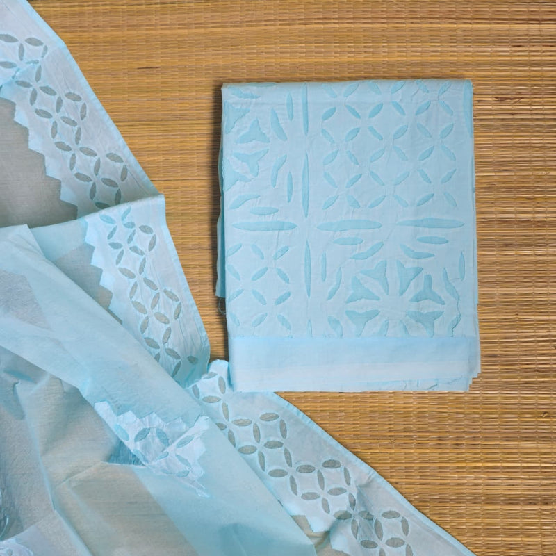 Light Blue Barmer Appliqué Cut Work Cotton 3 Piece Suit Material - Kleemkaara