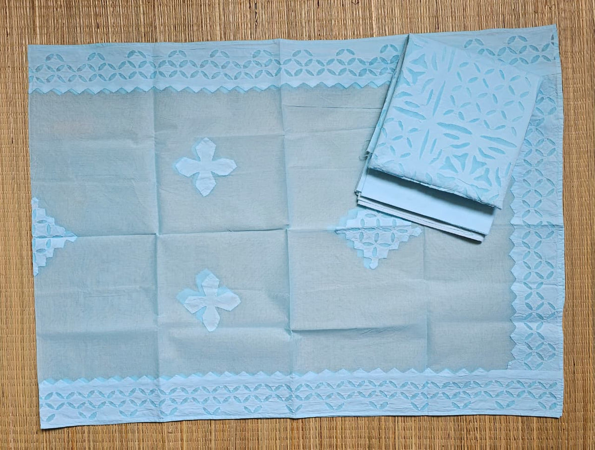 Light Blue Barmer Appliqué Cut Work Cotton 3 Piece Suit Material - Kleemkaara
