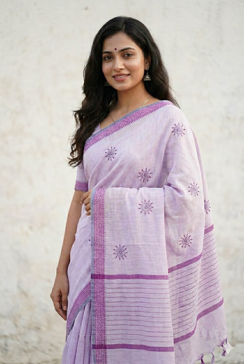 Light Lavender Handloom Venkatagiri Cotton Saree with Dandelion Embroidery - Kleemkaara