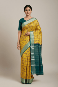 Manjari – Yellow & Green Handloom Mangalagiri Silk Cotton Saree with Floral Print - Kleemkaara