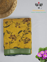 Manjari – Yellow & Green Handloom Mangalagiri Silk Cotton Saree with Floral Print - Kleemkaara