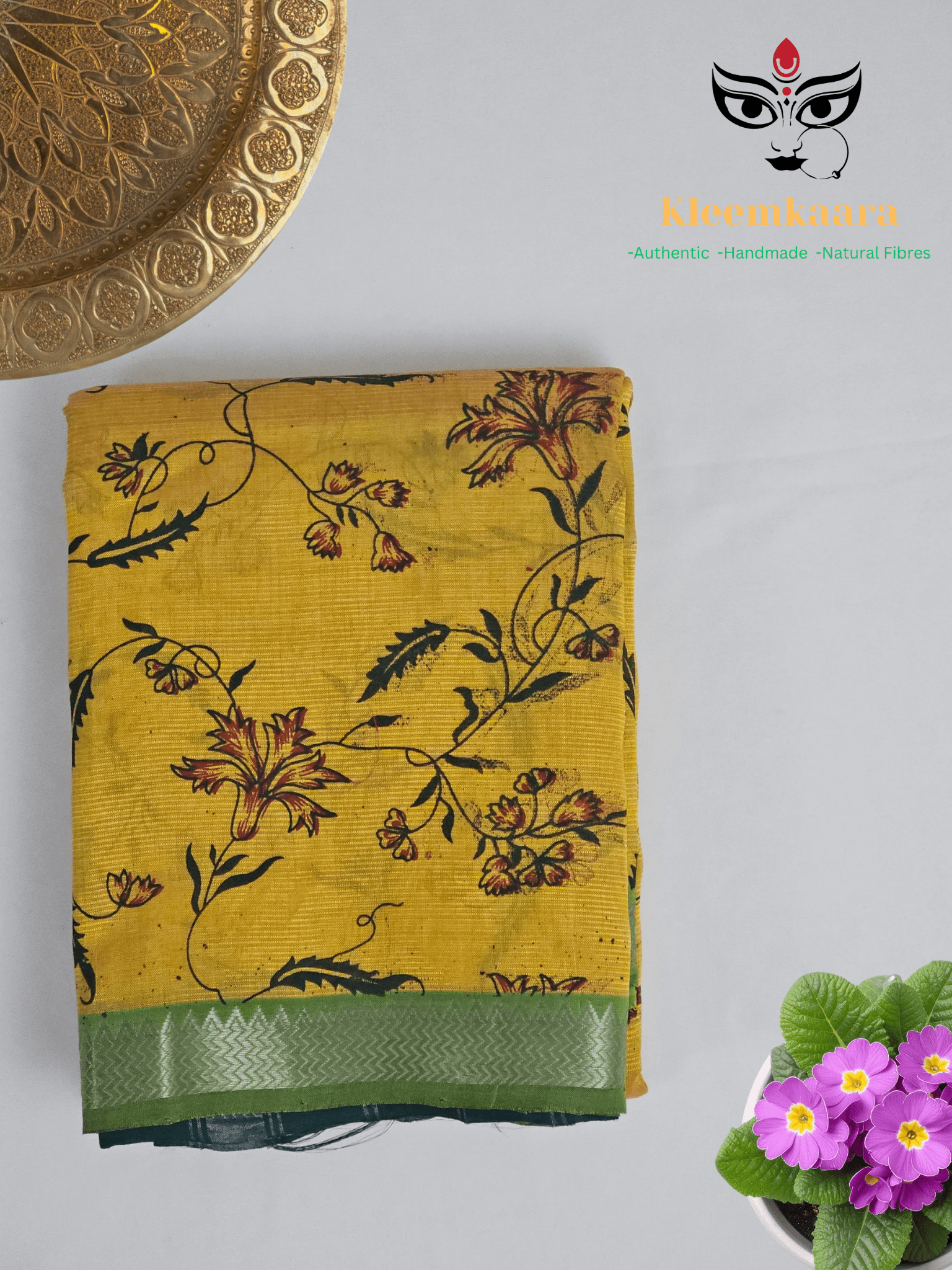 Manjari – Yellow & Green Handloom Mangalagiri Silk Cotton Saree with Floral Print - Kleemkaara