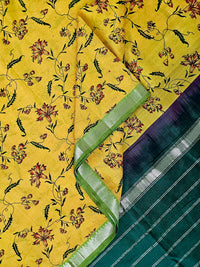 Manjari – Yellow & Green Handloom Mangalagiri Silk Cotton Saree with Floral Print - Kleemkaara