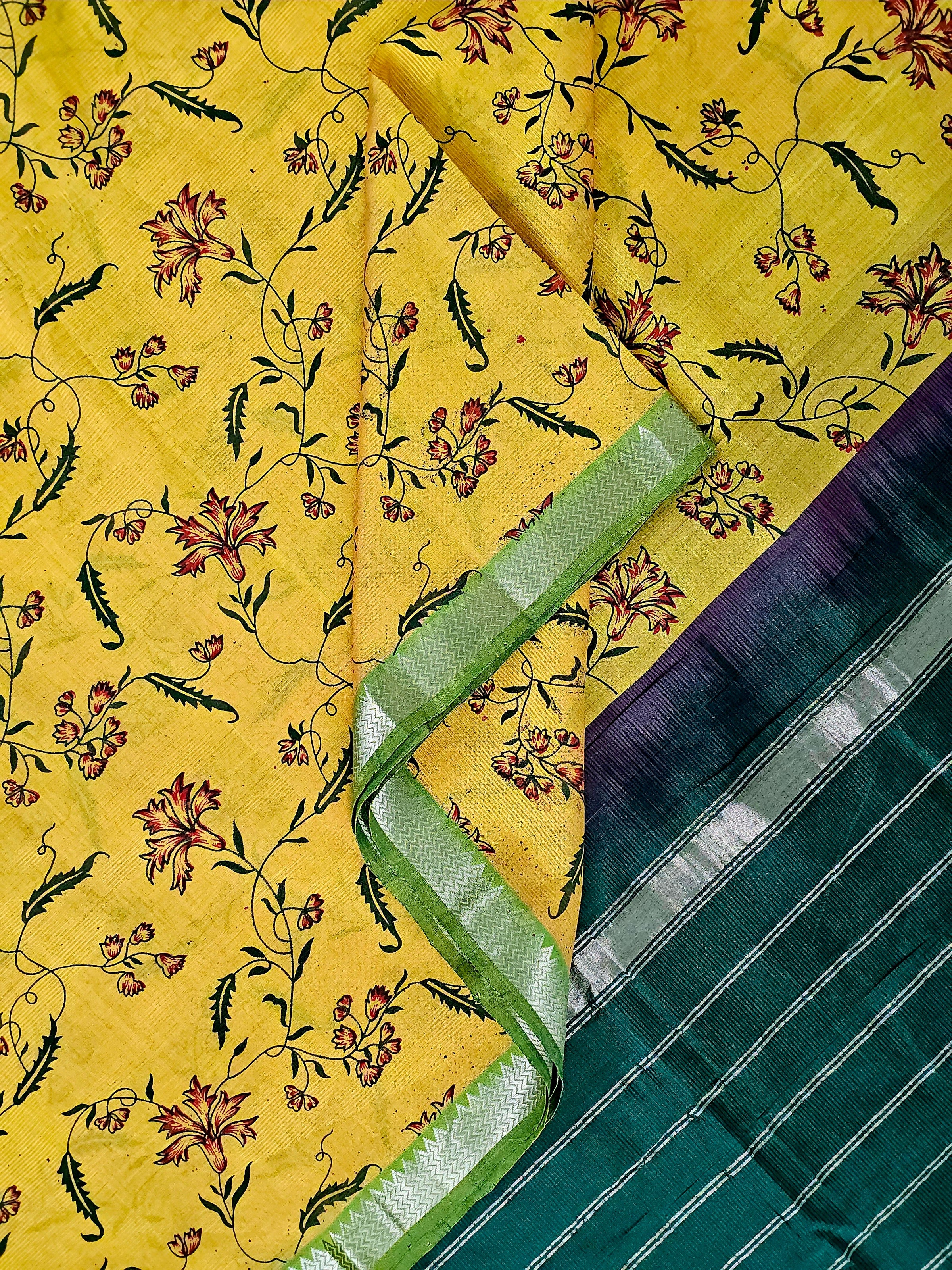 Manjari – Yellow & Green Handloom Mangalagiri Silk Cotton Saree with Floral Print - Kleemkaara