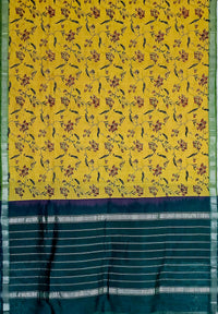 Manjari – Yellow & Green Handloom Mangalagiri Silk Cotton Saree with Floral Print - Kleemkaara