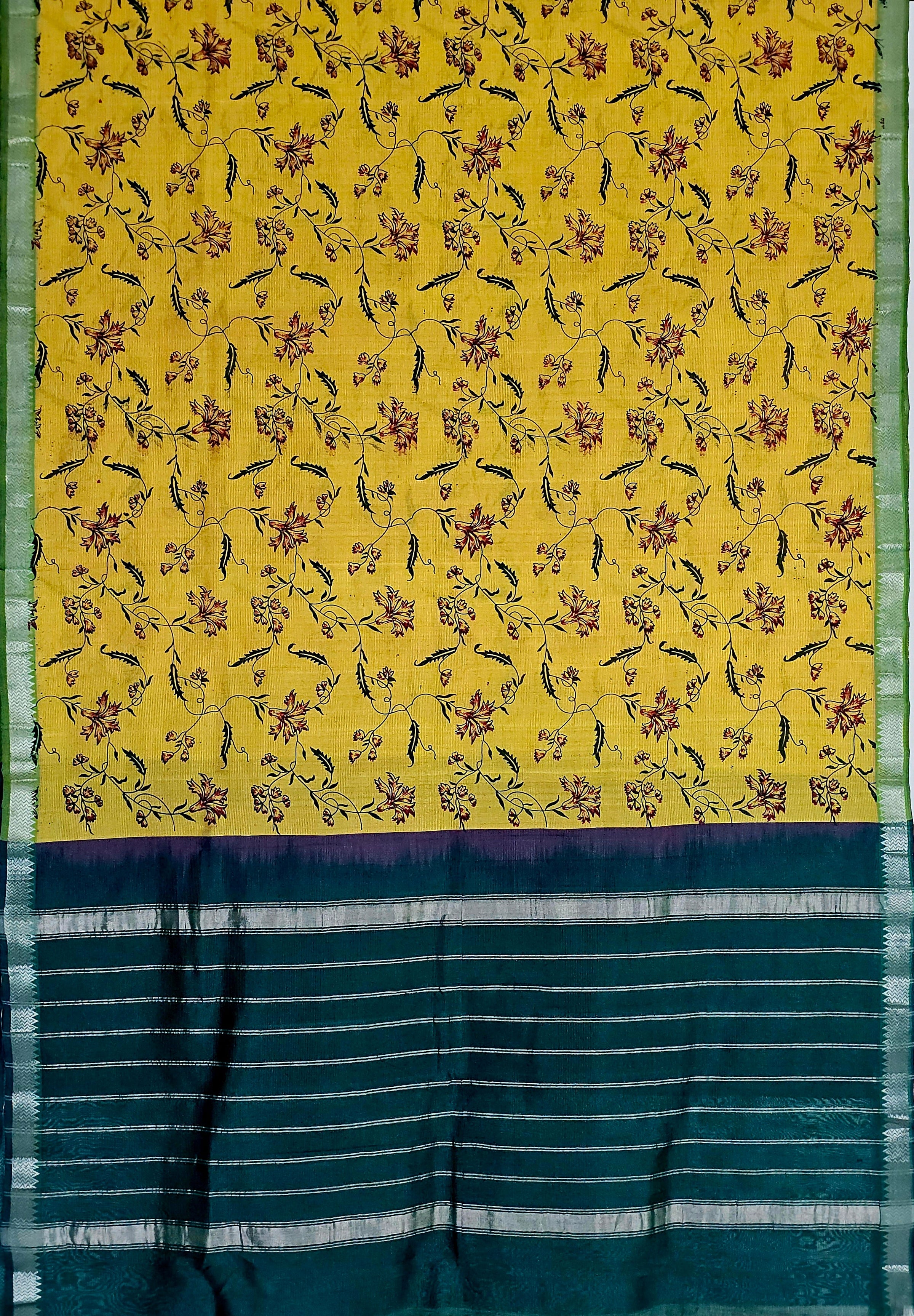 Manjari – Yellow & Green Handloom Mangalagiri Silk Cotton Saree with Floral Print - Kleemkaara
